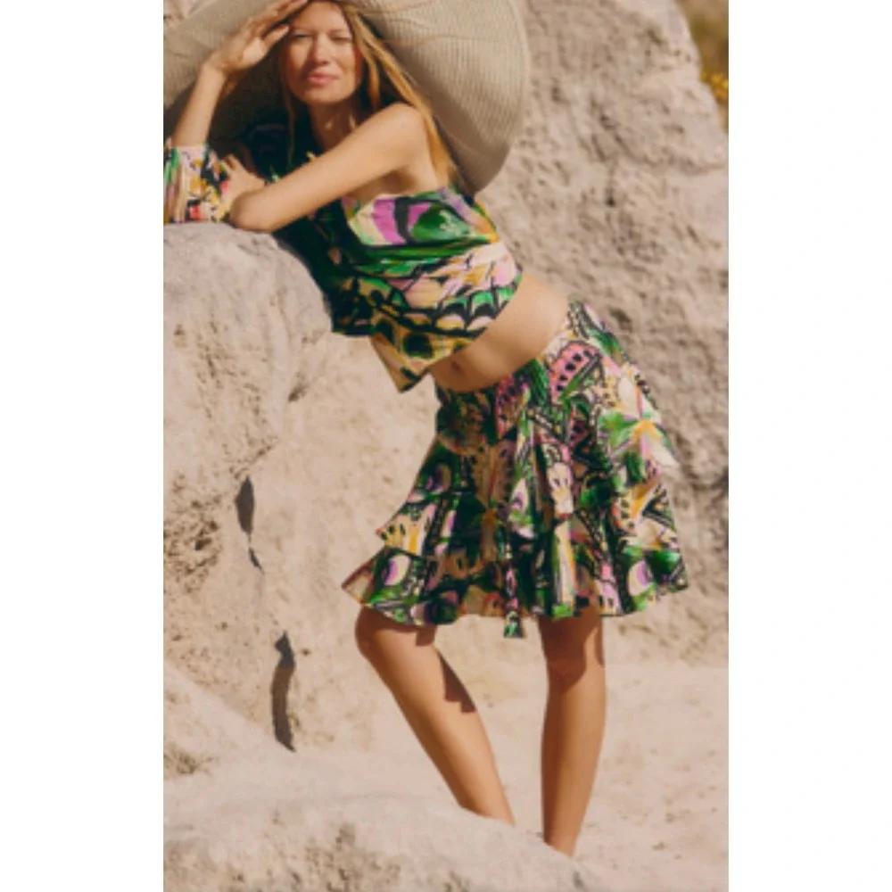Farm Rio for Anthropologie Butterfly Print Ruffle Mini Skirt Green Pink XS NWT